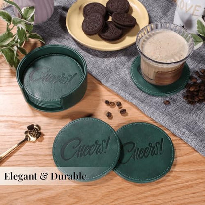 Coasters for Drinks Set of 6 with Holder, 6-Piece Leather Coasters with Embossed Cheers Marks - Durable Drink Coasters Set for Home, Bar, or Office - Green - color: Green