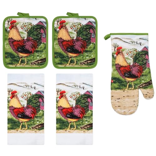 5 Piece Printed Kitchen Linen Set, 2 Cotton Towels, 2 Potholders, 1 Oven Mitt with Hanging Loop, 100% Cotton Material on Front & Polyester Backing, Kitchen Gadget (Rooster) - color: Rooster