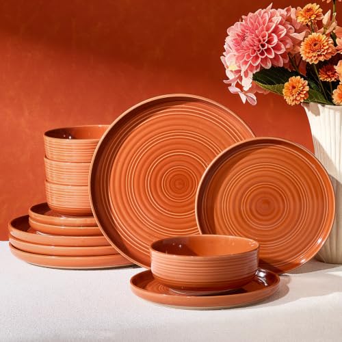 Dinnerware Set for 4, Ceramic Plates and Bowls, Terracotta | 12 pcs Speckled Spiral Coupe Dishes, Chip & Scratch Resistant Everyday Ceramics, Microwave & Dishwasher Safe, Farmhouse Style - color: Terracotta, size: Service for 4 (12pc)