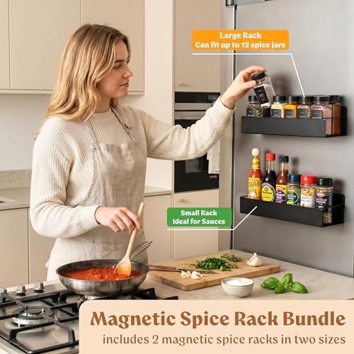 Square Glass Spice Jars (24 x 4oz) with Black Lids + Magnetic Spice Rack for Refrigerator (Fits 12 Jars) + Bonus Slim Auxiliary Rack, 240 Labels, Shaker Inserts, Funnel - color: Black Stainless Steel Lid + Magnetic Rack