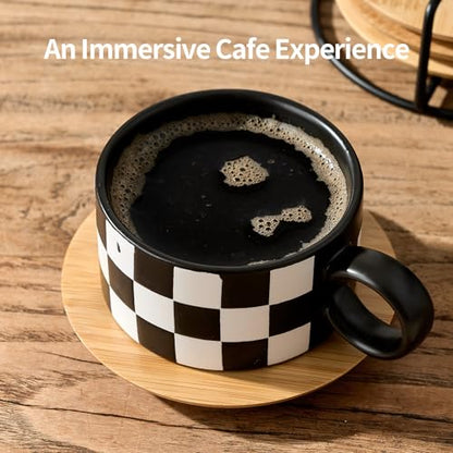 LUKA 6 Ounce Ceramic Stackable Black and White Checkered Espresso Cups with Saucers and Metal Stand Set of 4, Cappuccino Cups Set for Coffee Drinks, Latte, Cafe Mocha and Tea, Black Interior - color: 4BKG-Black & White