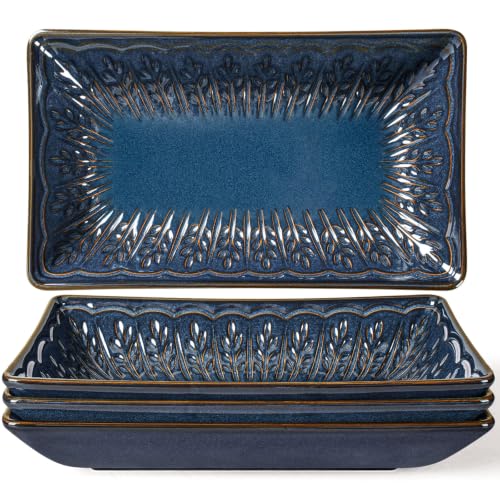 Salad Plates Set of 4, 9.85" Embossed Ceramic Rectangular Appetizer Plates, Deep Lipped Edges, Microwave & Dishwasher Safe, Dessert Sushi Pasta Serving Plates (Blue, Wheat Leaf) - color: Blue (Wheat Leaf), size: 9.85 inch