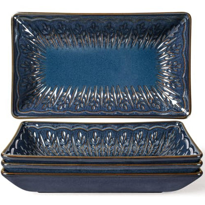Salad Plates Set of 4, 9.85" Embossed Ceramic Rectangular Appetizer Plates, Deep Lipped Edges, Microwave & Dishwasher Safe, Dessert Sushi Pasta Serving Plates (Blue, Wheat Leaf) - color: Blue (Wheat Leaf), size: 9.85 inch