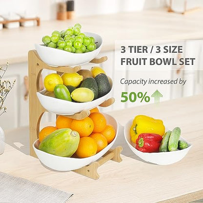 Seven Sparta 3 Tier Fruit Bowl for Kitchen Counter (PLUS Series) / Ceramic Serving Bowls with Bamboo Stand/Big Size Tiered Fruit Basket for Fruit Vegetable Storage, Dessert, Salad Buffet Server - style: PLUS edition