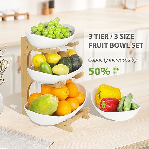 Seven Sparta 3 Tier Fruit Bowl for Kitchen Counter (PLUS Series) / Ceramic Serving Bowls with Bamboo Stand/Big Size Tiered Fruit Basket for Fruit Vegetable Storage, Dessert, Salad Buffet Server - style: PLUS edition