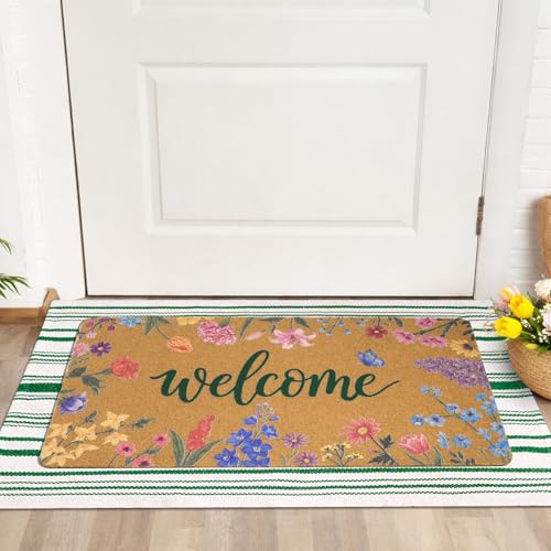 2pcs Spring Doormat Set 16x28 inch Wildflower Artificial Coir Welcome Mats Non Slip 24x35 inch Poly-Cotton Green White Stripe Door Rugs for Front Porch Entryway Indoor Outdoor Farmhouse Decor