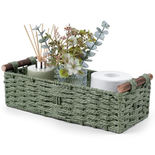 Round Paper Rope Storage Basket Wicker Baskets for Organizing with Handle Decorative Storage Bins for Countertop Toilet Paper Basket for Toilet Tank Top Small Baskets Set,Green | with Handle for Bedroom Home Decor and Shelves Apartment Countertop Use,Gree