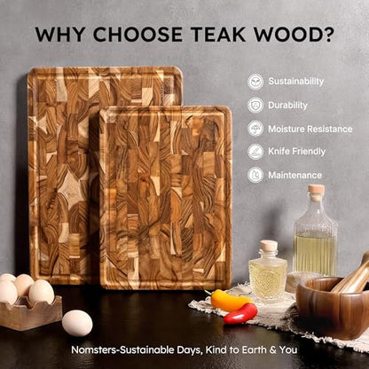 Teak Wood End Grain Cutting Board Set of 2 with Non-slip Feet, Reversible Cutting Boards for Kitchen with Juice Grooves and Handles Non Toxic Chopping Board Butcher Block Serving Tray Kitchen Gift - size: Multiple Sizes (Set of 2)