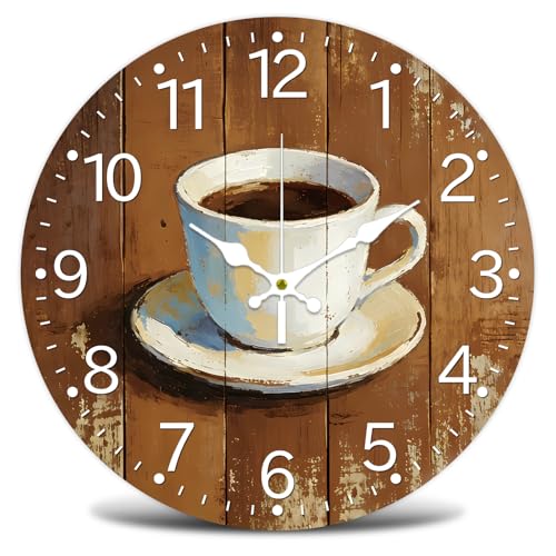 Coffee Wall Clock Silent Non-Ticking 12" for Living Room Decor | 1 AA Battery Operated (not Included); Easy to Read; Keep Accurate Time; Rustic; Kitchen Bedroom Indoor Use - color: Coffee
