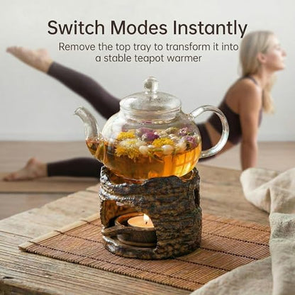 Ceramic Aromatherapy Stove Essential Oil Burner, Woodland Zen Herb Burner, Wax Melt Warmer Tea Light Candle Holder, Handmade Retro Teapot Warmer for Home Office Fragrance & Meditation Decor