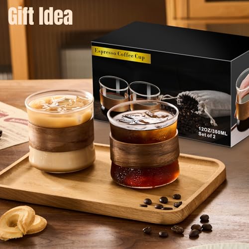 PARACITY Espresso Glasses Set of 2, 11.8 oz Clear Cups with Wooden Rings | Borosilicate bodies handle hot and cold drinks; removable sleeves help shield hands during latte, cappuccino or tea service - size: 11.8 Ounces (2 pack)