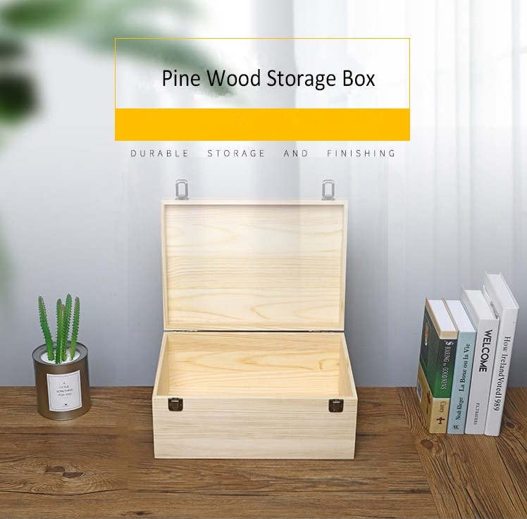 Large Wooden Box - 14" x 10" x 6.5" - Unfinished Pine Wood Box for Crafts, Storage, Keepsakes & Memory - Hinged Lid