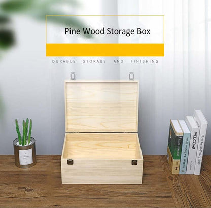 Large Wooden Box - 14" x 10" x 6.5" - Unfinished Pine Wood Box for Crafts, Storage, Keepsakes & Memory - Hinged Lid