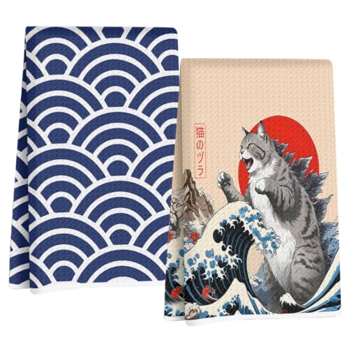 2 Pcs Funny Japanese Cat Kitchen Towels, Japanese Wave Seamless Dish Towel | Cat Lover Gifts Vintage Absorbent Microfiber Waffle Hand Towels for Farmhouse Home Bathroom - color: Multi 1442