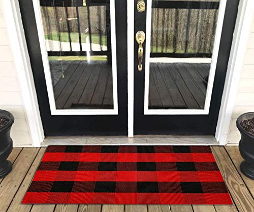 LEVINIS Christmas Buffalo Plaid/Check Indoor/Outdoor Rugs- Checkered Outdoor Rug, Outdoor Plaid Doormat for Front Porch/Kitchen/Laundry Room Welcome Layered Mat, 23.6'' x 51.2'' - color: Red and Black Plaid, size: 1'11" x 4'3" (Rectangular)