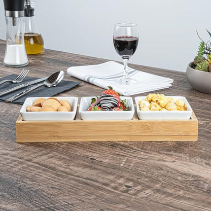 Restaurantware-6 Ounce Bowl Set with Tray - 1 Dishwashable Serving Set, Includes 3 Porcelain Bowls And 1 Bamboo Tray, Durable, White Porcelain And Bamboo Bowl And Platter Kit, Reusable, Freezable - size: Triple set, style: Modern