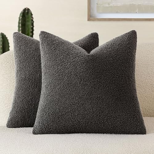 Foindtower Pack of 2, Curly Faux Fur Decorative Throw Pillow Covers Soft Neutral Plush Cushion Case with Zipper Cozy Pillowcase for Home Living Room Couch Bed Sofa 18 x 18 Inch,Dark Gray - color: Dark Gray, size: 18" x 18" (Pack of 2)