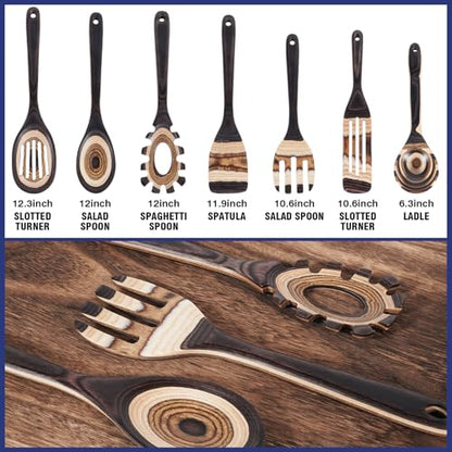 MYRAINBOW Wooden Spoons for Cooking, 7 Piece Pakkawood Kitchen Utensils Set with Spatulas, Spoons, Ladles, and Turner for Mixing, Serving & Cooking - color: Brown