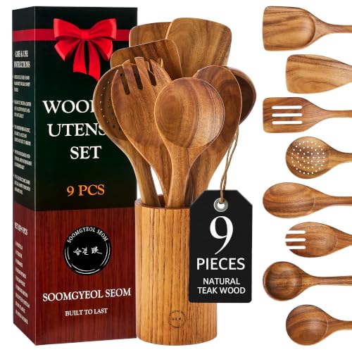SOOMGYEOL SEOM 9-Piece Teak Wood Cooking Utensil Set with Holder | Natural Teak Wood, Uncoated, 8 Cooking Utensils & Holder, Nonstick Safe - size: 9 PCS Set