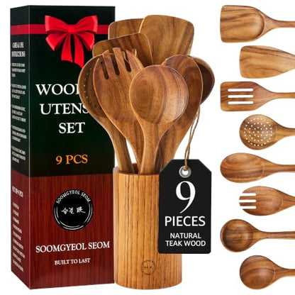 SOOMGYEOL SEOM 9-Piece Teak Wood Cooking Utensil Set with Holder | Natural Teak Wood, Uncoated, 8 Cooking Utensils & Holder, Nonstick Safe - size: 9 PCS Set