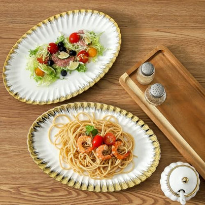 Serving Platters, Ceramic Oval Serving Platters,12 Inch Serving Dishes/Trays for Party Entertaining, Porcelain White Dinner Plates with Gold Trim for Sandwich, Appetizer, Fruit, Desserts, Set of 2 - color: Oval White and Gold-2 Pcs
