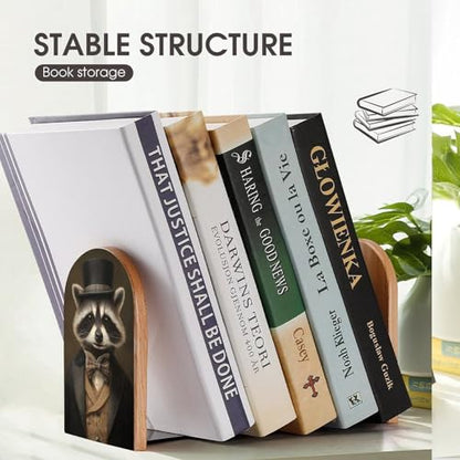 Raccoon in Formal Victorian Attire Wooden Bookends Shelves 2 PCS Sturdy Book Holders Desktop Organizer for Home Office Libraries