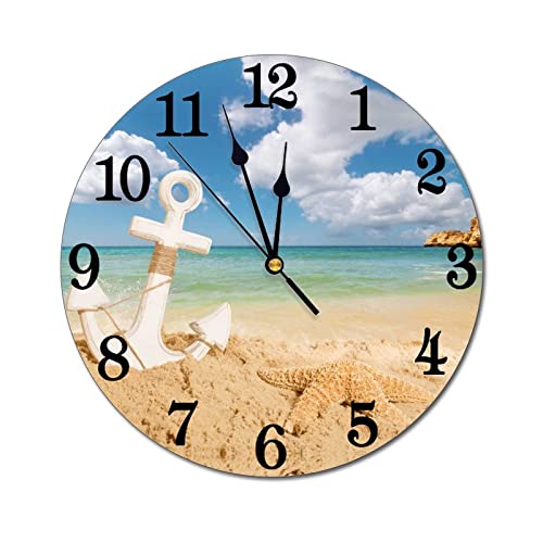 Nautical Anchor Starfish Sea Beach Wall Clock Battery Operated Silent Round Clock Wall Decor for Home Office School, 12 Inch - color: Nautical Anchor, size: 12 Inch