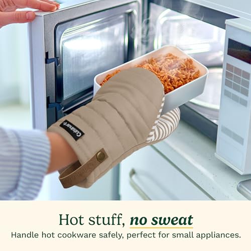 Cuisinart Mini Oven Mitts, 2-Pack 5.5"x8", Printed Silicone, 450F | Non-slip grip stripes, faux leather hang loop, cotton lining for comfort, ambidextrous for baking, cooking, and cast iron - color: Beige