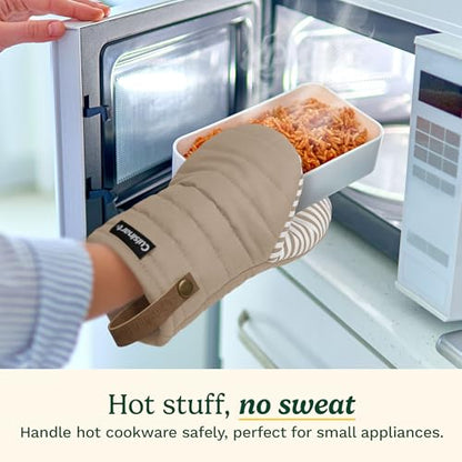 Cuisinart Mini Oven Mitts, 2-Pack 5.5"x8", Printed Silicone, 450F | Non-slip grip stripes, faux leather hang loop, cotton lining for comfort, ambidextrous for baking, cooking, and cast iron - color: Beige