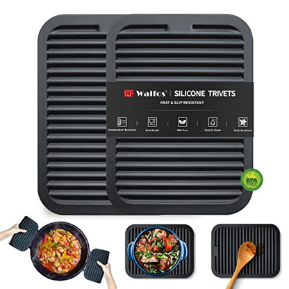 Walfos Trivets for Hot Dishes, Multi-Purpose Silicone Pot Holders, Hot Pads for Kitchen Hot Pots and Pans, Heat Resistant Silicone Mats for Kitchen Countertops, Non-Slip, 2 Pack, Black - style: 8.5x11in, 2 Black Rectangle