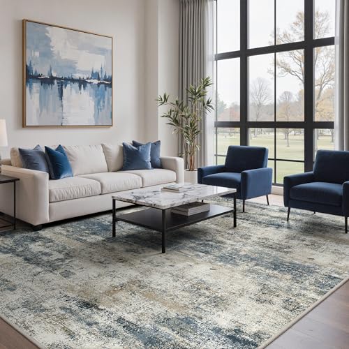 GENIMO 9x12 Area Rug Washable Non Slip for Living Room, Navy Blue Gray | Modern Abstract, Lightweight Low Pile Thin Mat, Spill and Stain Resistant Soft Carpet for Bedroom, Nursery Dining Room Office - color: Navy Blue Gray, size: 9' x 12' (Rectangular)