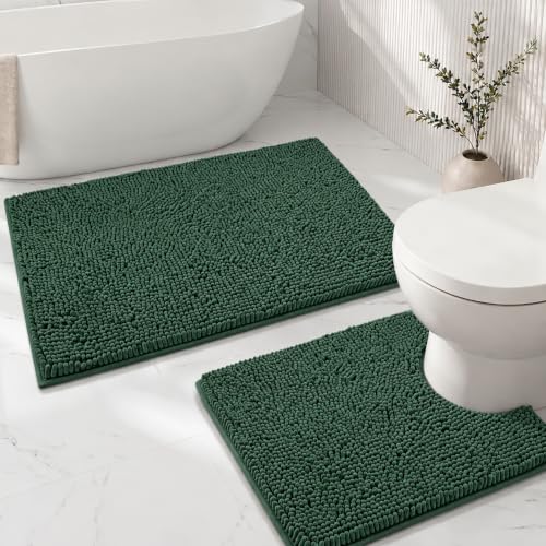 Bathroom Rugs Sets 2 Piece,Super Absorbent Soft,Thick,Machine Washable Chenille Bath Mat,Non Slip Toilet Floor Rug,Bath Mats for Bathroom,20x32 Plus 20x20 U Shape,Dark Green - color: Dark Green, size: 1'8" x 2'8" (20x32''+20x20''U shape)