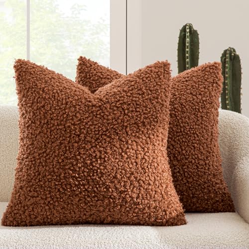 MIULEE Decorative Faux Fur Pillow Covers Sherpa 18x18 Rust | Set of 2 Fuzzy Accent Fall Couch Throw Pillows, Soft Sheepskin Fleece Pillowcases, Home Decor Sofa Livingroom Bed - color: Rust, size: 18" x 18" (Pack of 2)