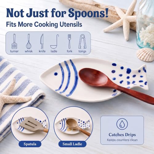 Ceramic Fish Spoon Rest for Kitchen Coastal Ocean Decoration | Spoon Holder for Stove Counter, Blue White, Cutlery Rest, Ocean Lovers, Housewarming Gifts, 7.87 x 3.94 Inches - style: Fish