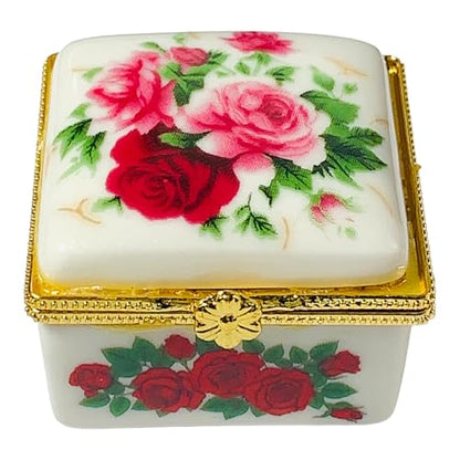 Tiny Square Porcelain Trinket Box | Pink Rose Bouquet | French Style Gift Box with Velvet Bag - style: Pink Rose Bouquet Square