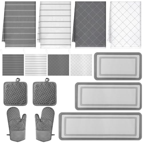 SmoothNovelty 15 Pcs Farmhouse Kitchen Decor and Accessories Set 4 Kitchen Towels 2 Pot Holders 2 Oven Mitts 3 Rugs 4 Dishcloths Absorbent Set Heat Resistant Pot Pads for Cooking Baking(Grey) - color: Gray