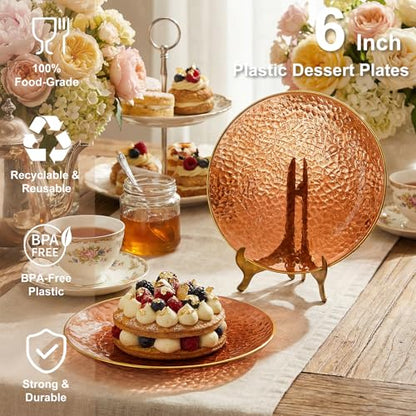 Rubtlamp 200Pcs Brown Plastic Dessert Plates with Gold Rim, 6inch Fancy Amber Plastic Plates Include 100 Hammered Appetizer Plates and 100 Disposable Gold Forks for Party Wedding Birthday - color: Brown gold