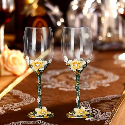 Comeon Flower Wine Glasses Hand Painted Wine Glasses Lemon Yellow 2 Set | Apricot Blossom Enamels Floral Design, Included Gift Box, Transparent Glass, Long Stem Crystal Red Wine Glasses - color: White/ 2 set (gift box)