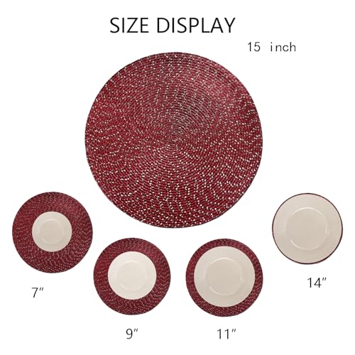 Youyi Round Placemats Set of 6, 15 inch Woven Braided Place Mats Washable Non-Slip Kitchen Table Mats for Dining, Burgundy (with Silver Accents) - size: set of 6
