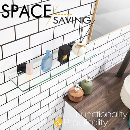 KOKOSIRI Bathroom Shelves Wall Mounted Tempered Glass Floating Shelf 20-Inch Kitchen Hanging Rack Shower Storage, Matte Black Stainless Steel B1107BK-L20 - color: Matte Black, size: 20-Inch