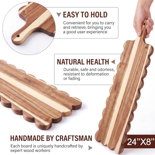 24"x 8" Long Scalloped Charcuterie Board Large Acacia Wooden Cheese Board with Handle & Rope Hanger Decorative Serving Platter for Snacks Appetizers, Housewarming & Entertaining Gift - size: 24"x8"