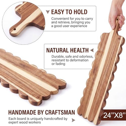 24"x 8" Long Scalloped Charcuterie Board Large Acacia Wooden Cheese Board with Handle & Rope Hanger Decorative Serving Platter for Snacks Appetizers, Housewarming & Entertaining Gift - size: 24"x8"