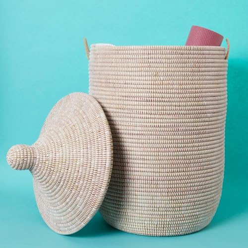Large African Basket for Blankets, White, 18 Inch Wide, 23 Inch Tall - color: White