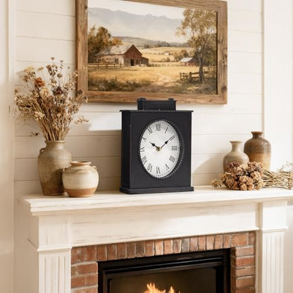 Vintage Mantel Clock, Large Rustic Distressed Metal Table Clock with Handle, Silent Non-Ticking Quartz Movement, Antique Brown Fireplace Shelf Desk Clock for Living Room Bedroom Office - style: Mantel Clock