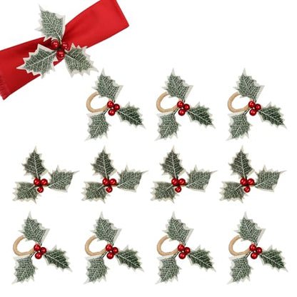wonlex Farmhouse Napkin Ring Buckle Set of 12, Natural Rustic Serviette Buckles Holder for Table Decoration, Wedding, Thanksgiving Day,Christmas(Holly) - style: Holly