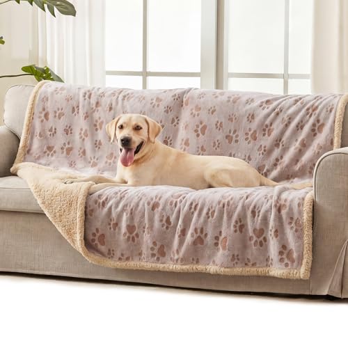 Luciphia Waterproof Dog Blanket Reversible Sherpa Fleece for Large Dogs Cat | Soft Print Pet Blanket Washable Pee Proof, Furniture Protector for Couch Sofa Bed Car, Cozy Throw (65" x 57", Khaki) - color: Khaki Paw, size: L (65" x57")