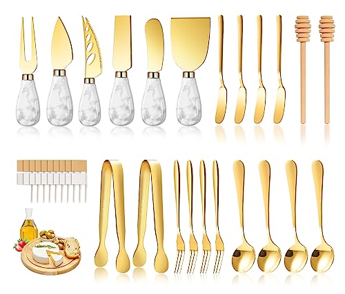 Marble Gold Cheese Knife Set, Ceramic Handle Charcuterie Board Accessories Butter Spreader Slicer Knife With Serving Tongs, Spoons, Forks, Flags Markers, Wooden Honey Dipper - color: Marble Gold