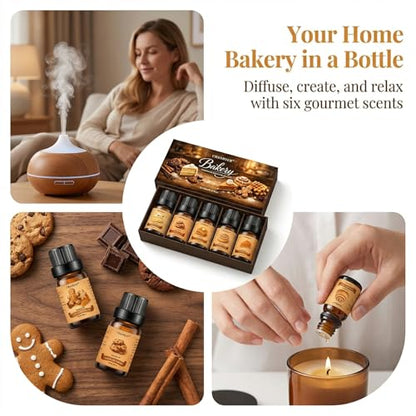 Bakery Essential Oils Set for Diffusers for Home 6 x 10 ml | Chocolate Cookies,Vanilla Cake,Cinnamon Rolls,Pumpkin Pie,Gingerbread Scented Oil for Diffuser,Candle,Soap Making - color: Yellow