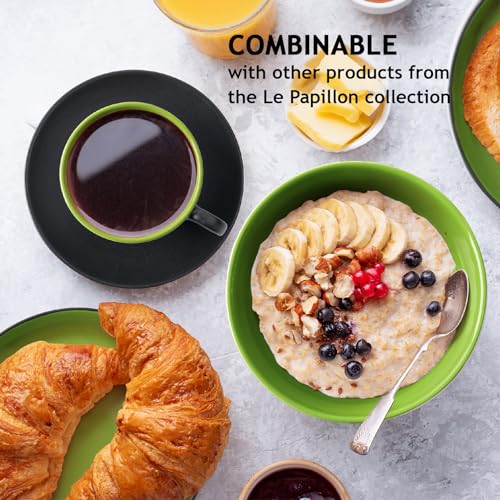 MIAMIO - Set of 6, Ceramic Stackable Cappuccino Cups Set / 6 Ounce Cappuccino Mugs and Saucer with Metal Stand for Coffee Drinks, Cafe, Latte, Americano and Tea - Le Papillon Collection (Mixed) - color: Mixed