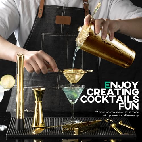 Homestia 12 Pieces Boston Cocktail Shaker Set, Mixology Bartender Kit, Gold | Stainless Steel Bar Set Accessories, 18 oz/28oz Weighted Boston Shaker Tins, Martini Shaker Mixing Tools for Home Bartending - color: Gold